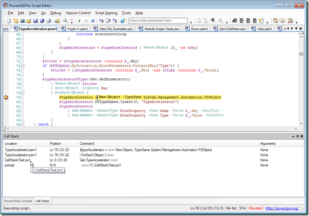 PowerGUI Script Editor Call Stack Window